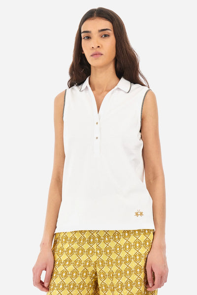 La Martina Regular Fit Sleeveless Polo Shirt in Elasticated Cotton-Yessenia | White