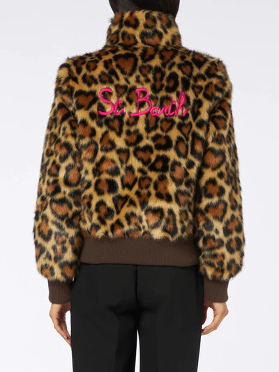 MC2 Woman Furry Short Jacket with Animalier Heart Print | Brown