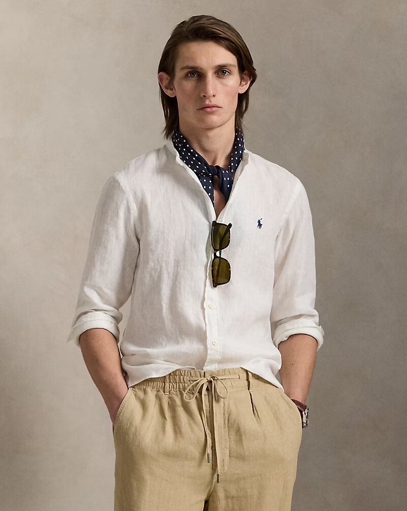Ralph Lauren Slim Fit Linen Shirt Mandarin Collar | Ceramic White