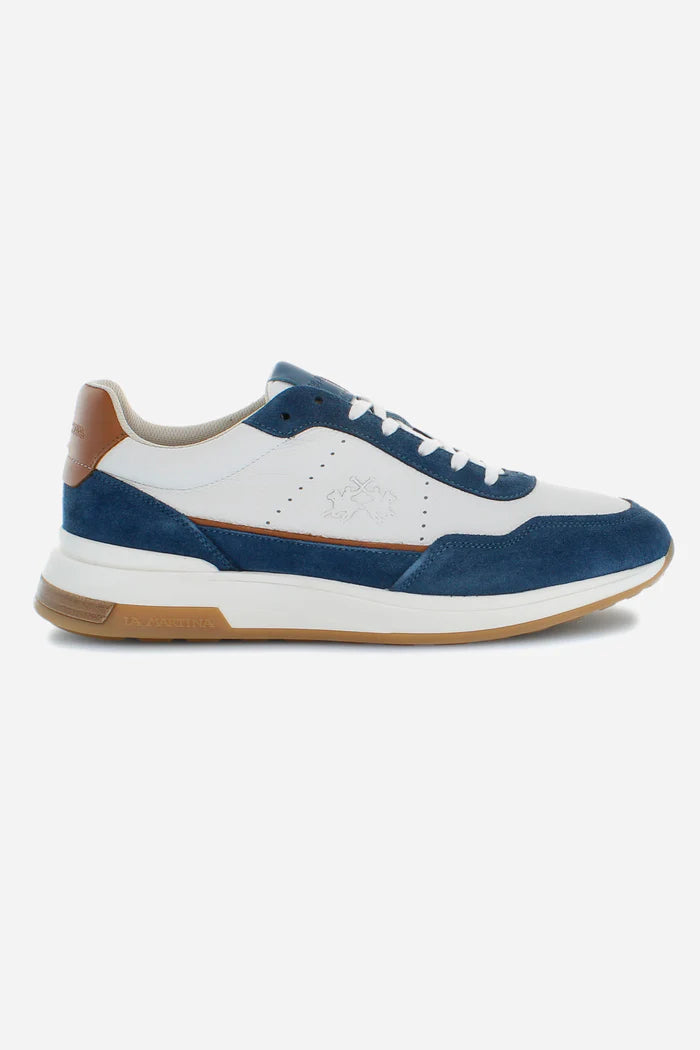 La Martina Men's trainer in Leather and Suede with Contrasting Inserts | White/Navy