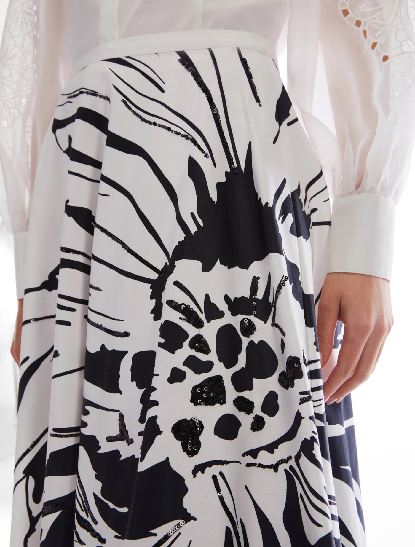 PennyBlack Cotton Satin Midi Skirt | White/Black