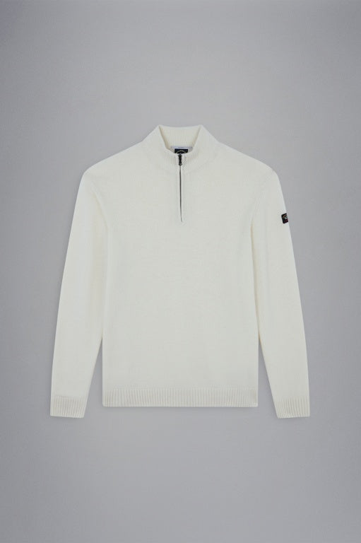 Paul & Shark Re-Wool Half Zip Shetland Sweater with Badge | Cream