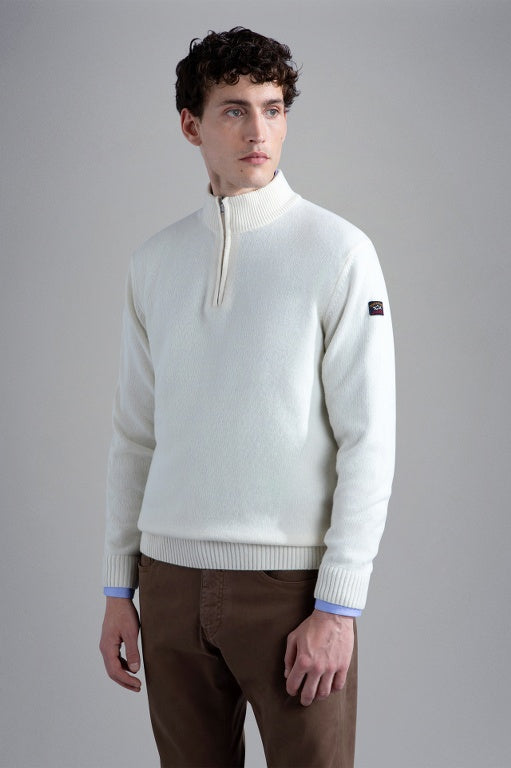 Paul & Shark Re-Wool Half Zip Shetland Sweater with Badge | Cream