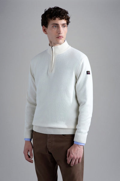 Paul & Shark Re-Wool Half Zip Shetland Sweater with Badge | Cream