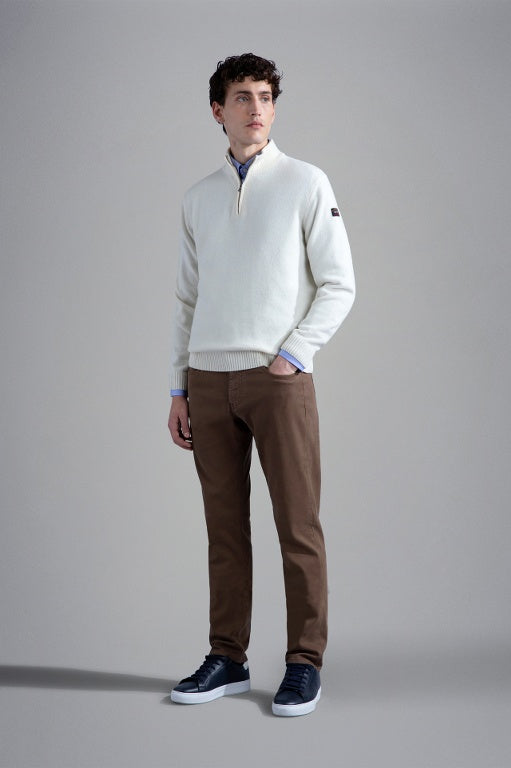 Paul & Shark Re-Wool Half Zip Shetland Sweater with Badge | Cream