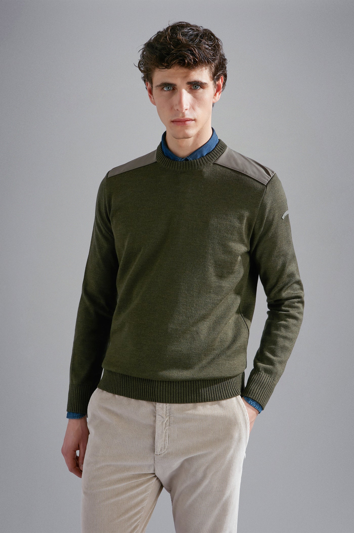 Paul & Shark Wool Crewneck Pullover with Typhoon Fabric and Moon Badge | Olive