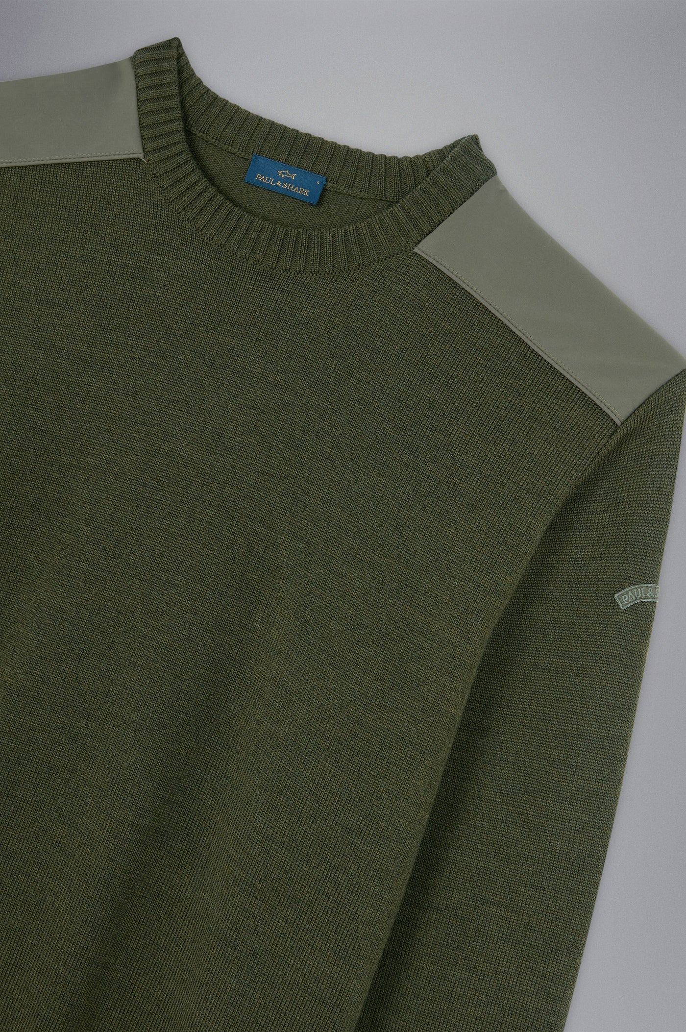 Paul & Shark Wool Crewneck Pullover with Typhoon Fabric and Moon Badge | Olive