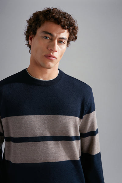 Paul & Shark Wool Crewneck Pullover with Save the Sea Fabric | Navy/Beige