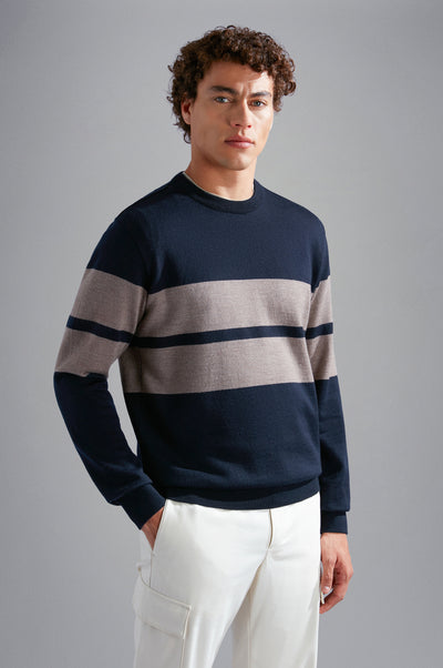 Paul & Shark Wool Crewneck Pullover with Save the Sea Fabric | Navy/Beige