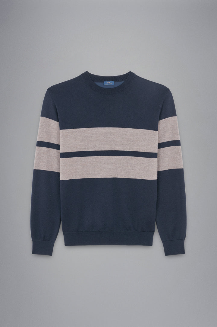 Paul & Shark Wool Crewneck Pullover with Save the Sea Fabric | Navy/Beige