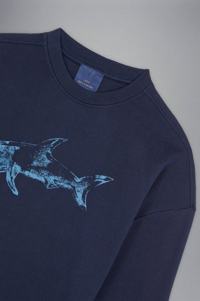 Paul & Shark Winter Fleece Cotton Sweatshirt with Printed Shark | Navy