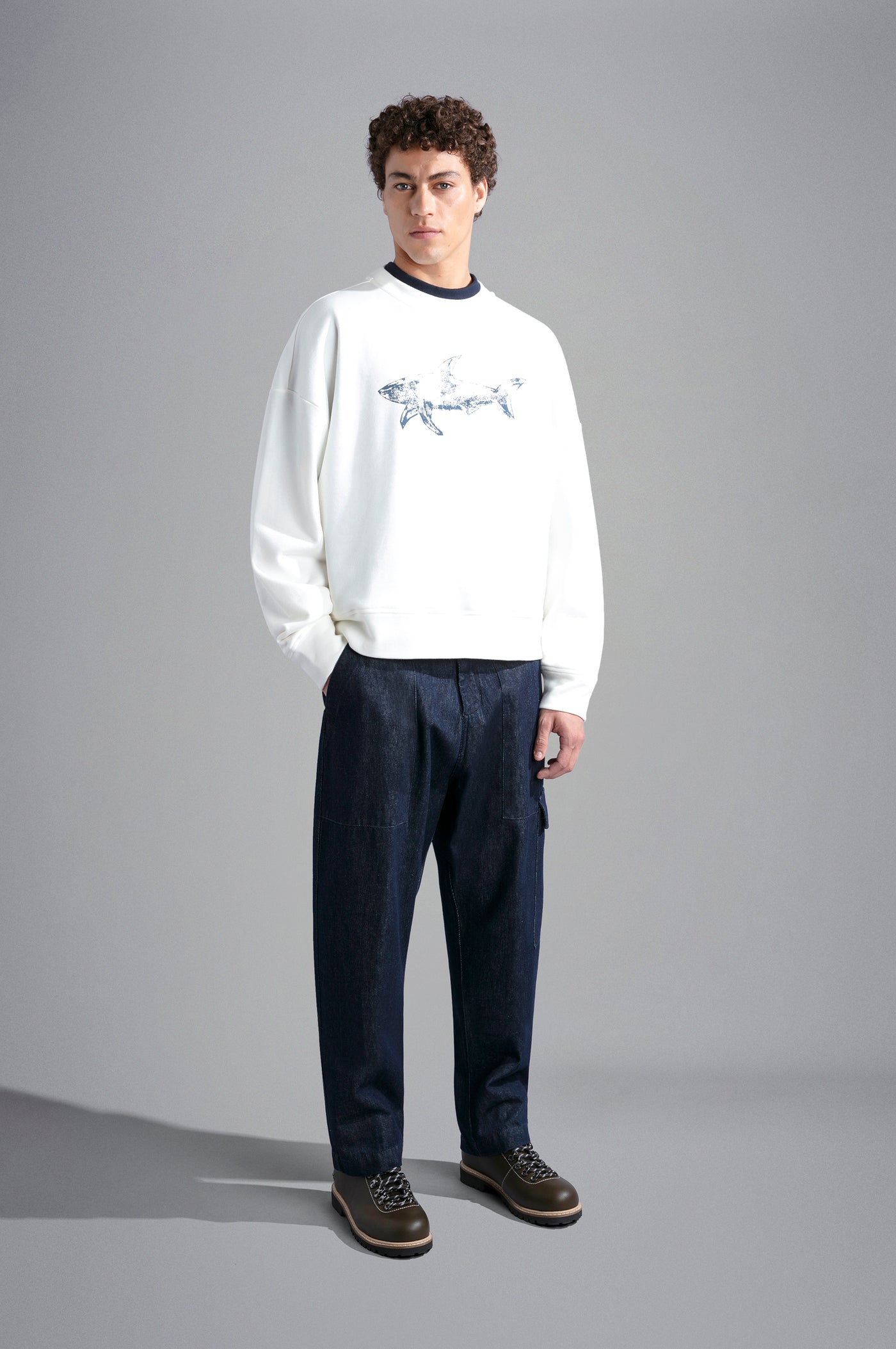 Paul & Shark Winter Fleece Cotton Sweatshirt with Printed Shark | Cream