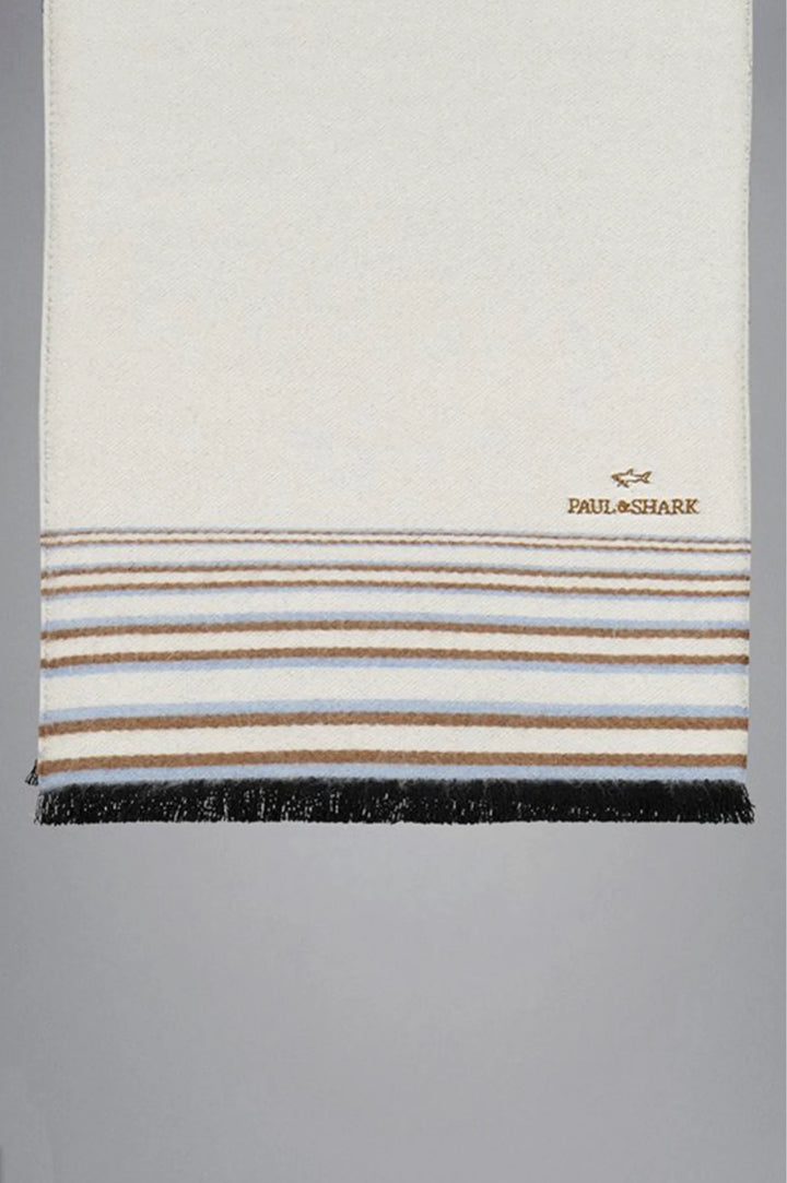Paul & Shark Logo Embroidered Wool Striped Scarf | Cream