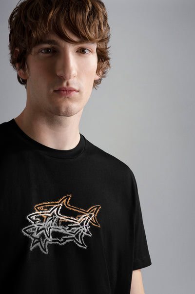 Paul & Shark Cotton Jersey T-shirt with Sharks Print | Black