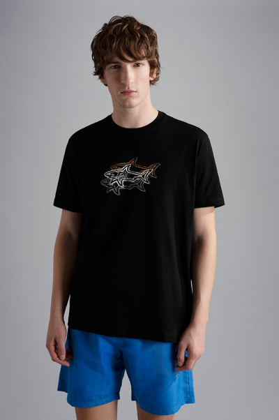 Paul & Shark Cotton Jersey T-shirt with Sharks Print | Black