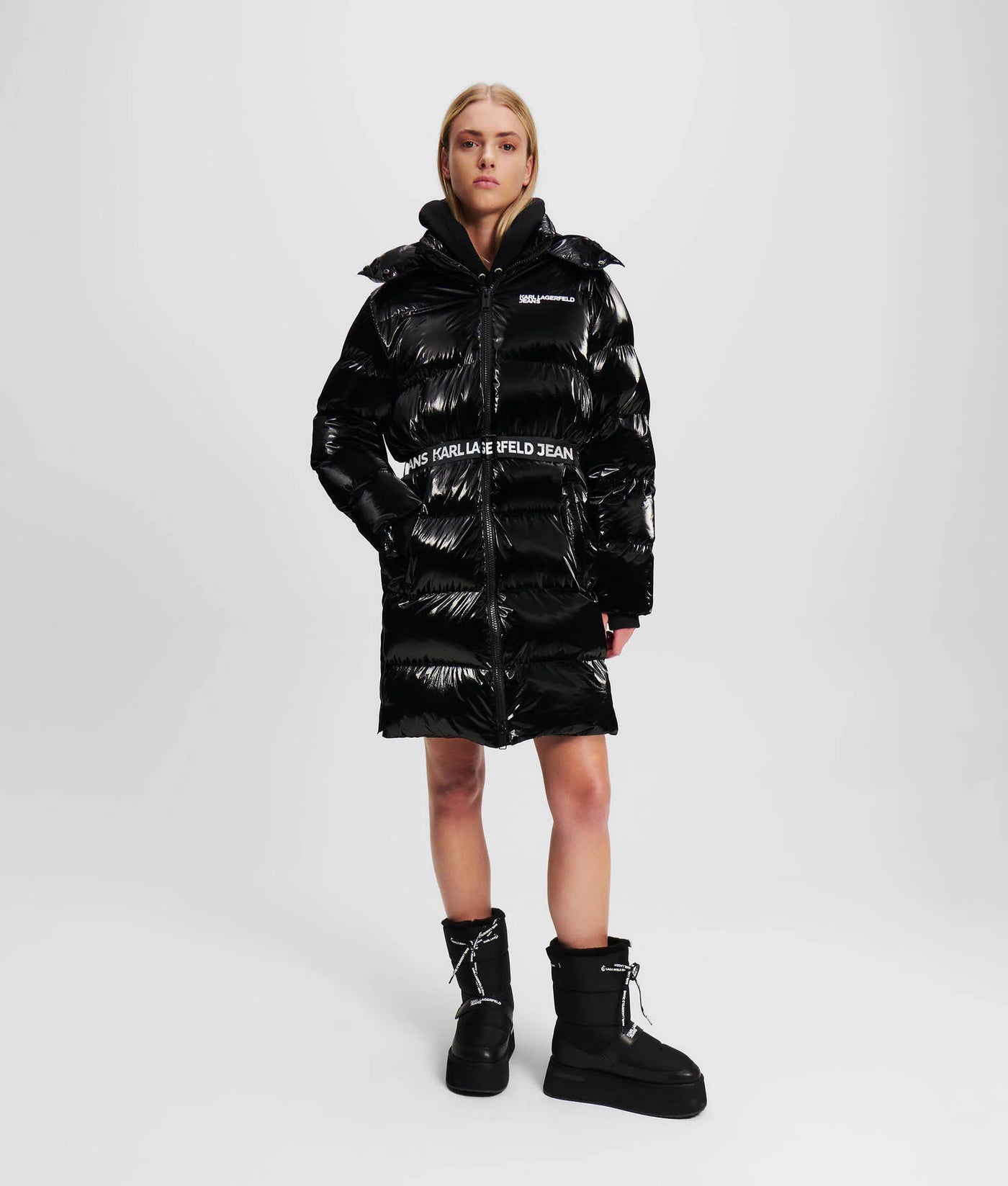 Karl Lagerfeld Long Belted Puffer Jacket | Black