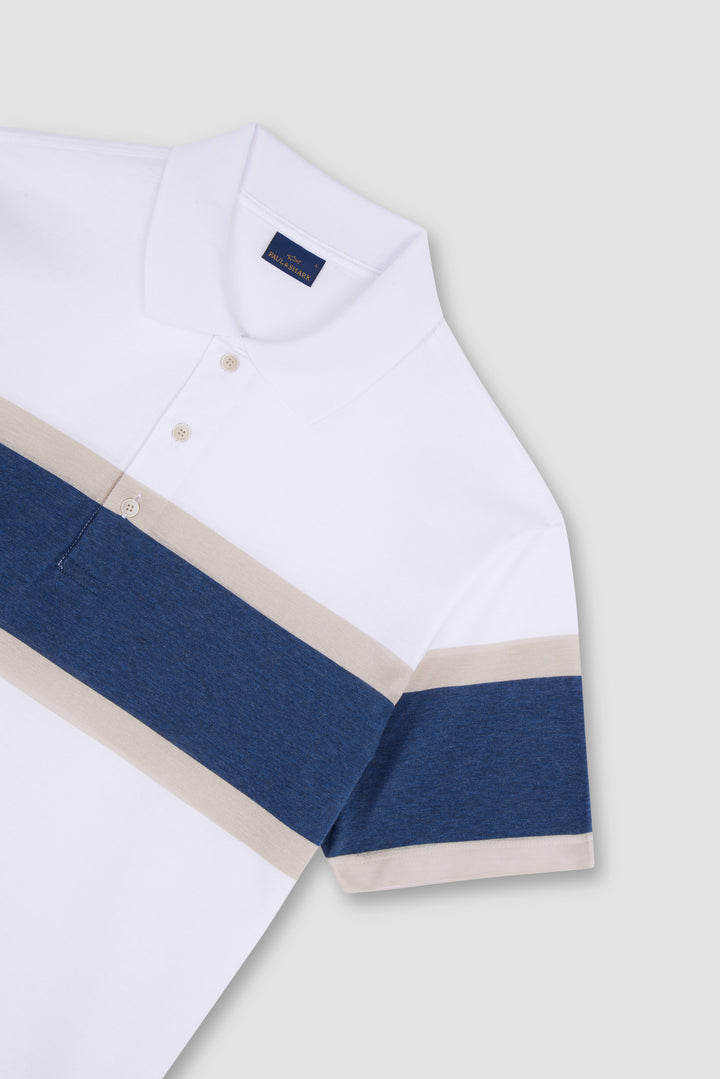 Paul & Shark Perle Cotton Jersey Polo with Maxi Stripes Detail | White/Navy