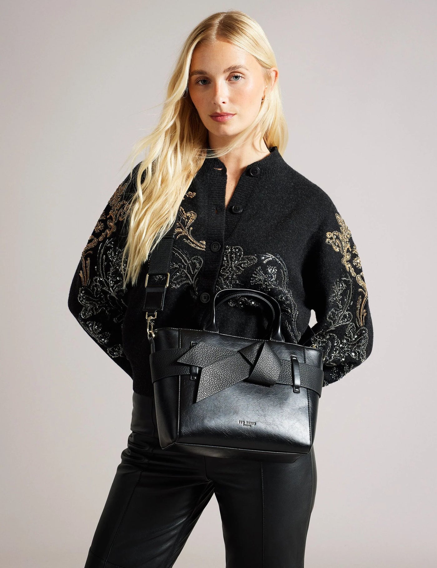 Ted Baker Jimsa Knot Bow Faux Leather Crossbody Tote Bag | Jet Black