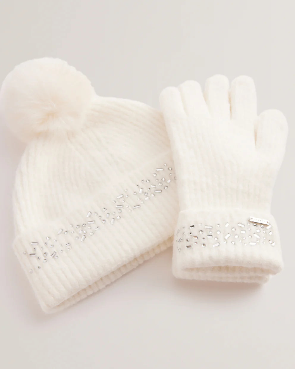 Ted Baker Keriis Rhinestone Knitted Hat And Glove | Cream