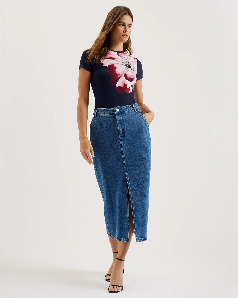 Ted Baker Louannn Printed Short Sleeve Fitted Tee | Navy