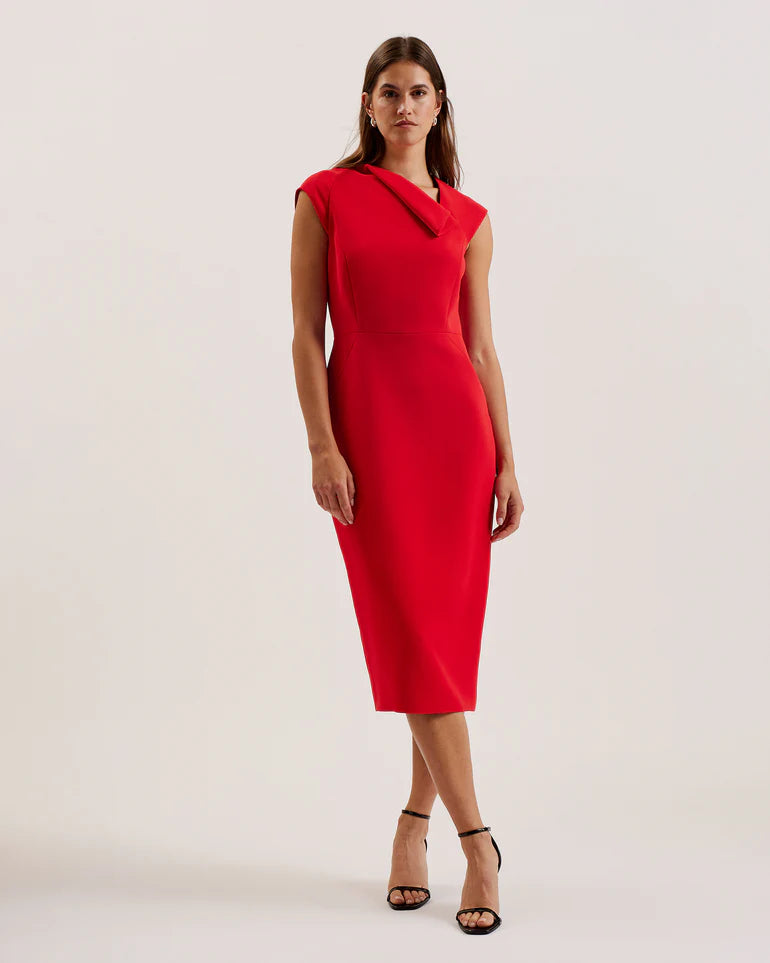 Ted Baker Asymmetric Folded Neckline Midi Dress | Red