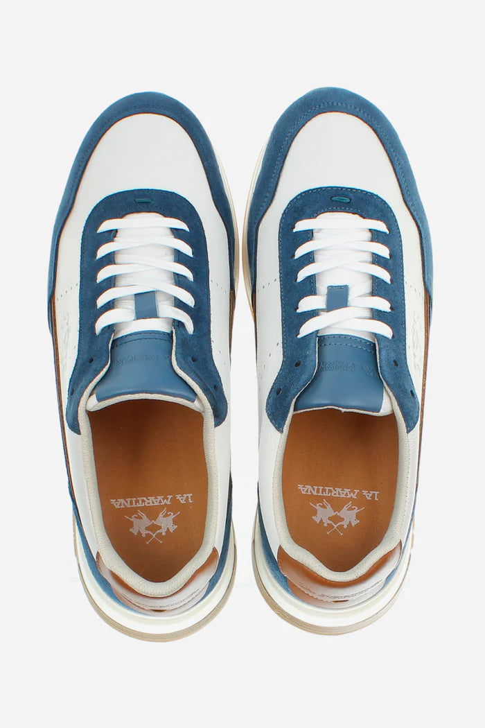 La Martina Men's trainer in Leather and Suede with Contrasting Inserts | White/Navy