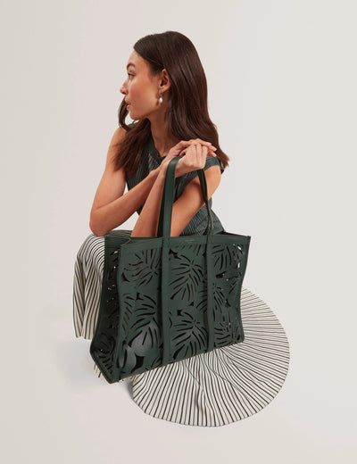 Ted Baker Leiian Leaf Cut Out Wide Leather Tote Bag | Green