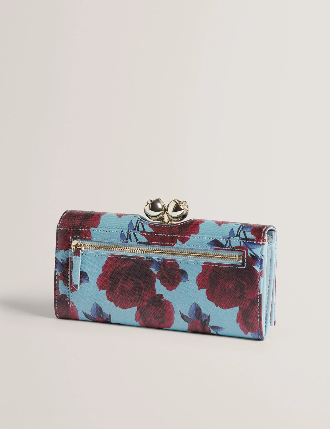 Ted Baker Rose Print Bobble Clasp Large Leather Purse | Mid Blue