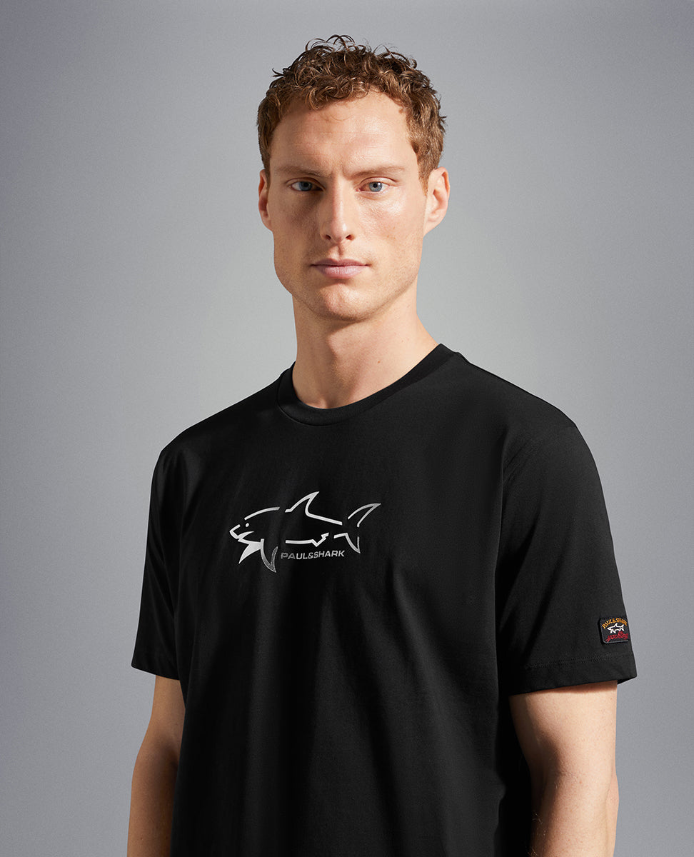 Paul & Shark T-shirt in Cotton with Shark Application and Writing | Black
