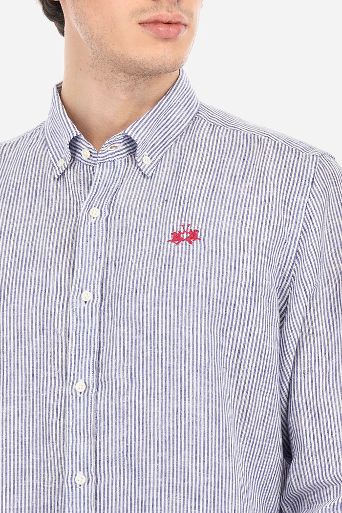 La Martina Regular-Fit Striped Linen Shirt - Rodolfo | Navy/White