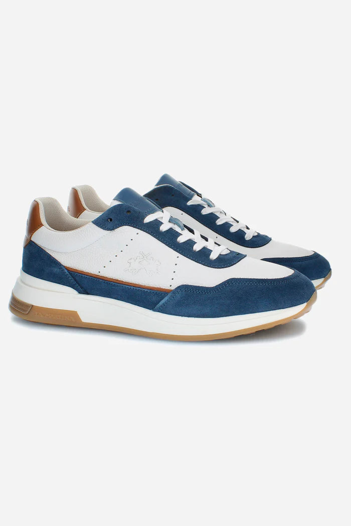 La Martina Men's trainer in Leather and Suede with Contrasting Inserts | White/Navy