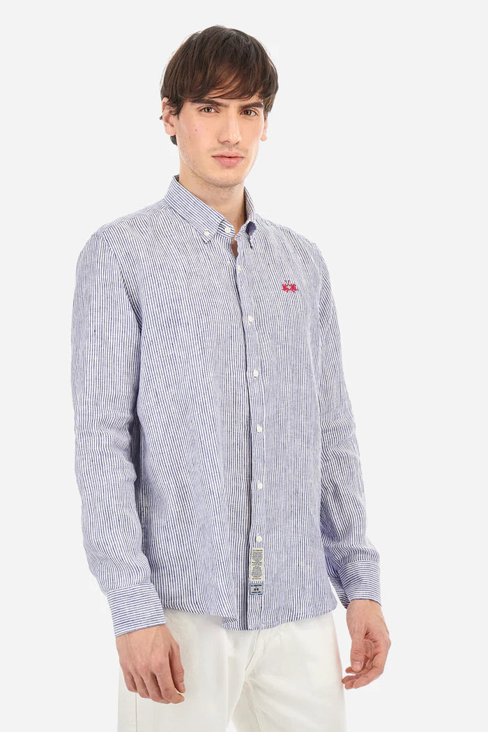 La Martina Regular-Fit Striped Linen Shirt - Rodolfo | Navy/White