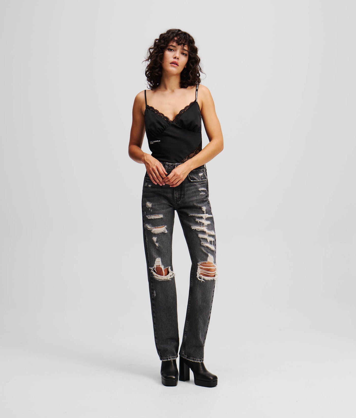 Karl Lagerfeld Staight Distressed High Rise Jeans | Black