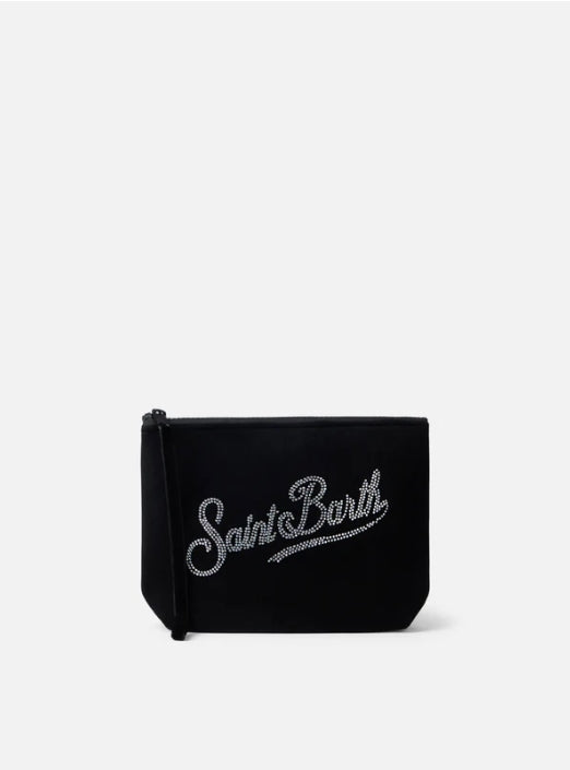 MC2 Saint Barth Velvet Pochette Aline with Rhinestones Logo | Black