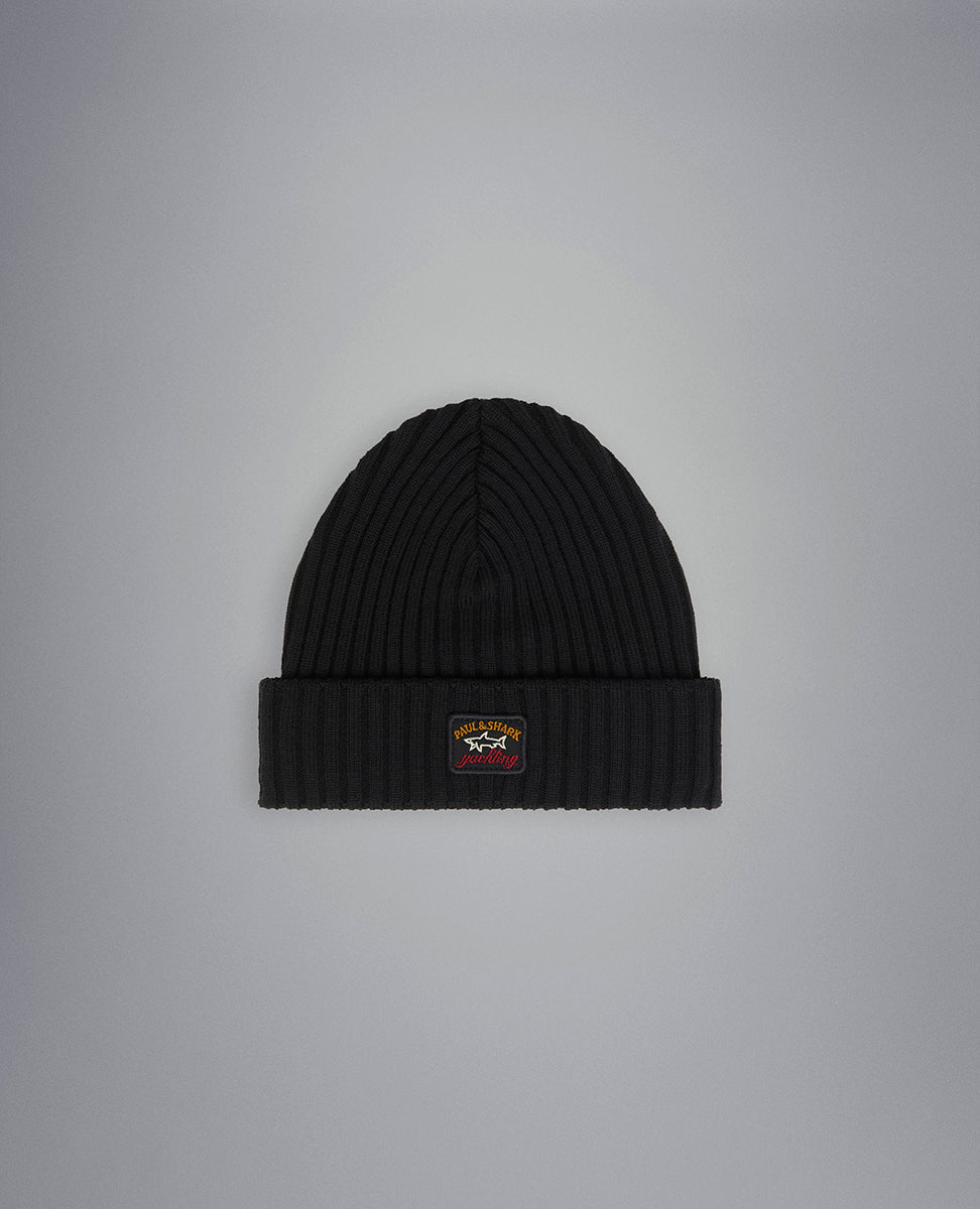 Paul & Shark Ribbed Wool Beanie with Iconic Badge | Black