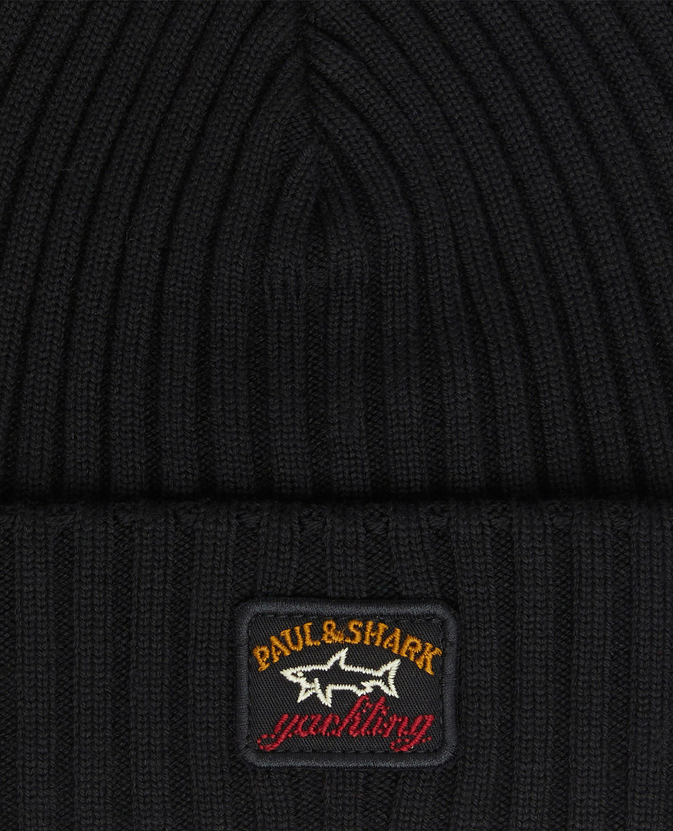 Paul & Shark Ribbed Wool Beanie with Iconic Badge | Black