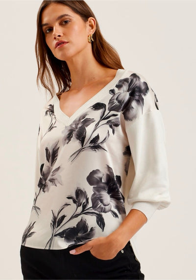 Ted Baker Joiee V-Neck Printed Woven Front Jumper | Ivory