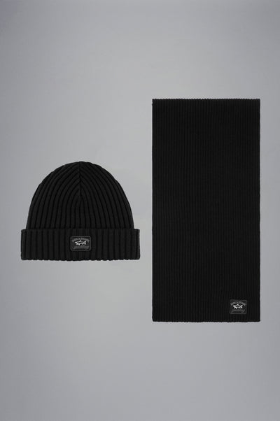 Paul & Shark Christmas Wool Scarf + Beanie Set | Black