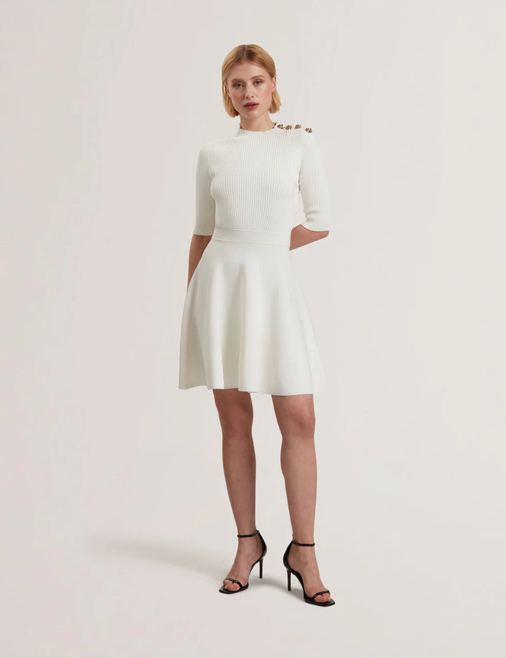 Ted Baker Lilano Ribbed Knit Button Detail Skater Dress | Ivory