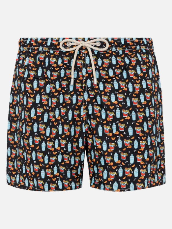 MC2 Saint Barth Lightweight Fabric Swim Shorts Lighting with Negroni Print | Black