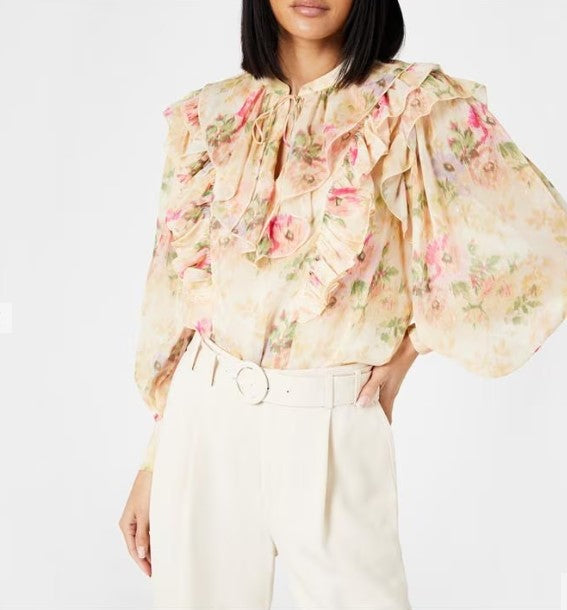 Ted Baker Helenoh Ruffle Detail Shirt with Neck Tie | Tan