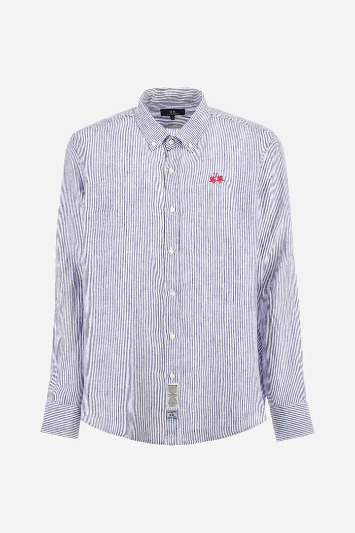La Martina Regular-Fit Striped Linen Shirt - Rodolfo | Navy/White