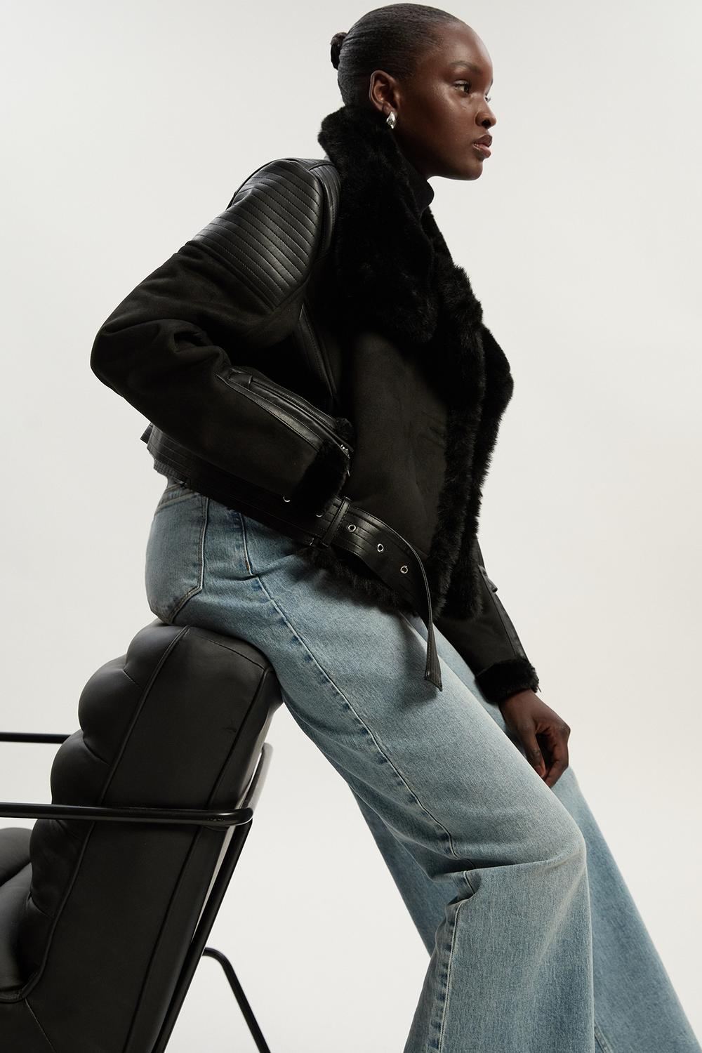 Karen Millen Faux Shearling Crop Biker Coat | Black