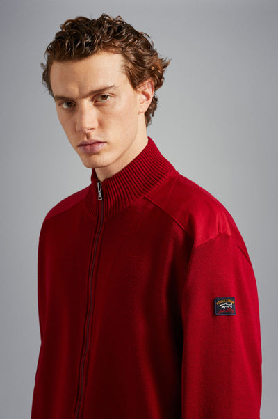 Paul & Shark Wool Full Zip Cardigan with Iconic Badge | Red