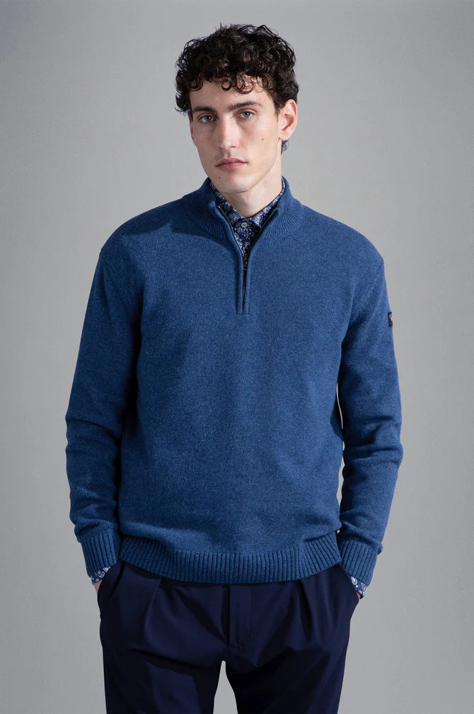 Paul & Shark Re-Wool Half Zip Shetland Sweater with Badge | Blue