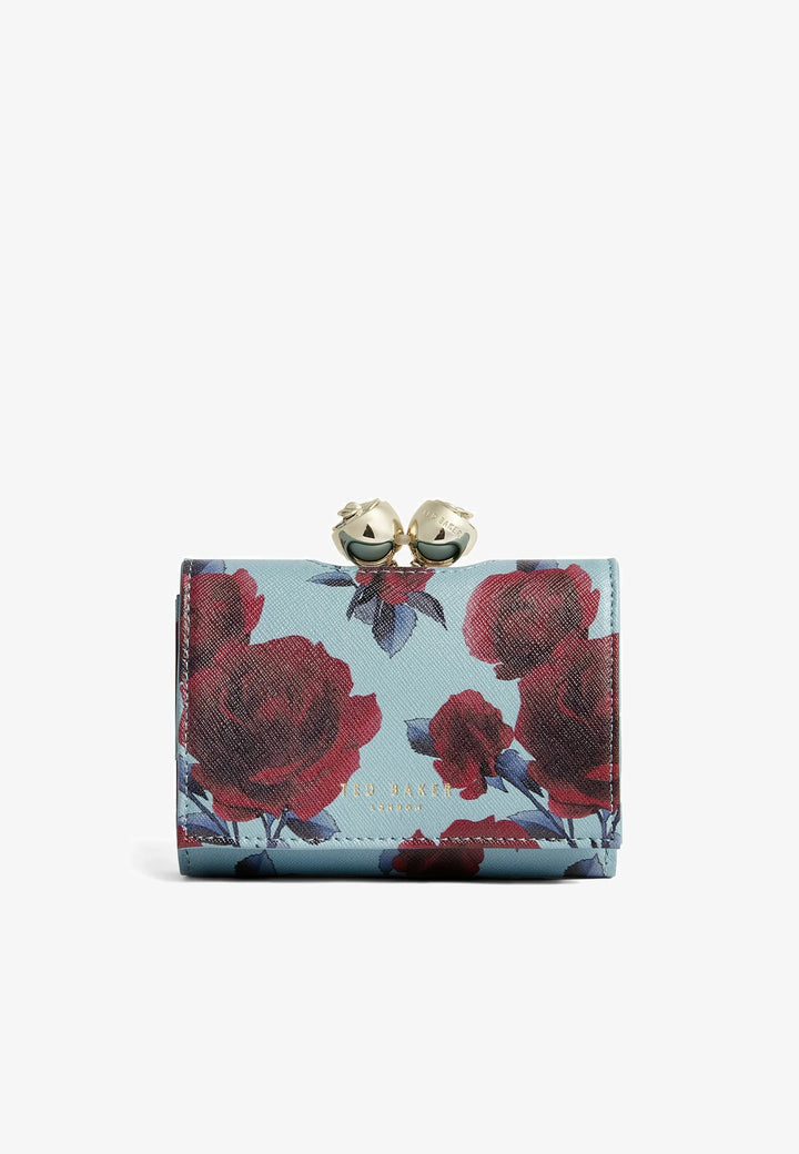 Ted Baker Rose Print Bobble Clasp Small Leather Purse | Mid Blue