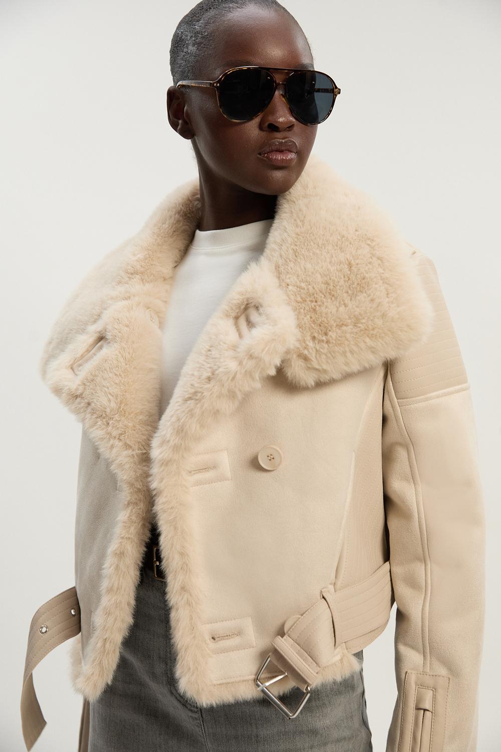 Karen Millen Faux Shearling Crop Biker Coat | Ivory