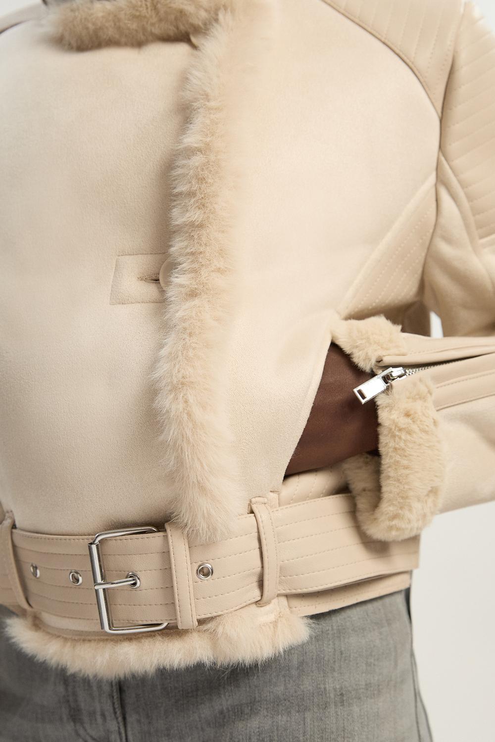 Karen Millen Faux Shearling Crop Biker Coat | Ivory