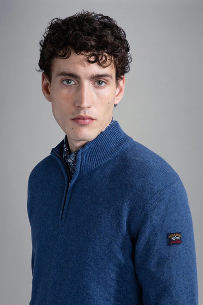 Paul & Shark Re-Wool Half Zip Shetland Sweater with Badge | Blue