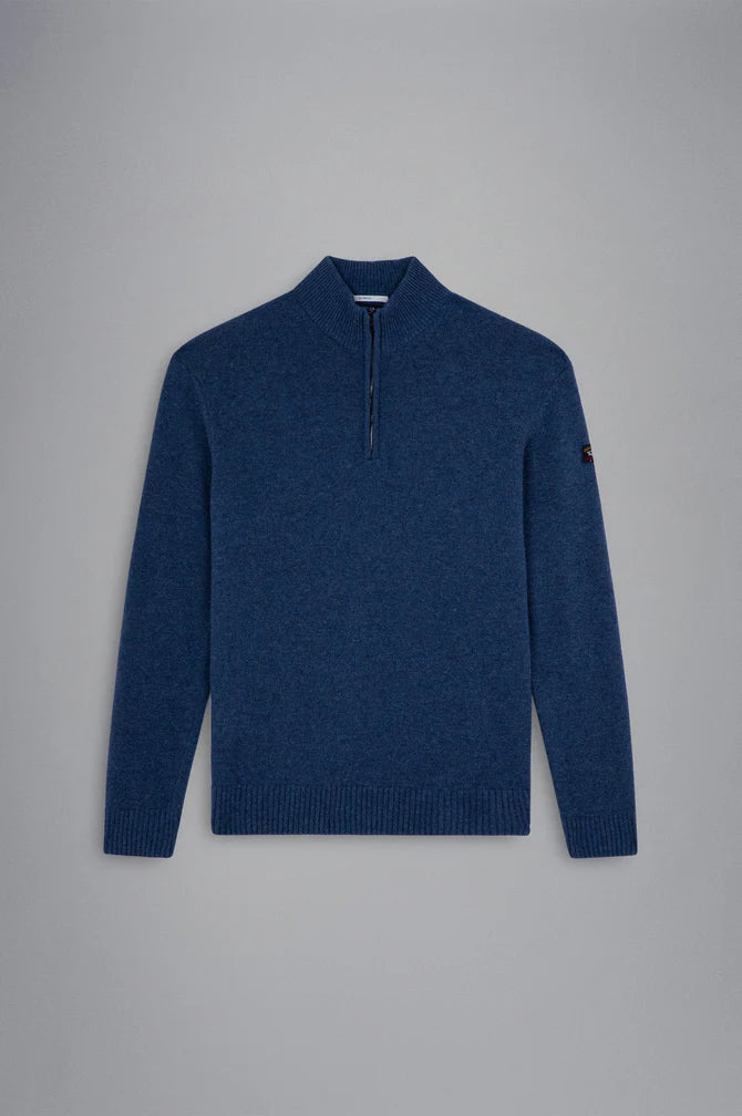 Paul & Shark Re-Wool Half Zip Shetland Sweater with Badge | Blue